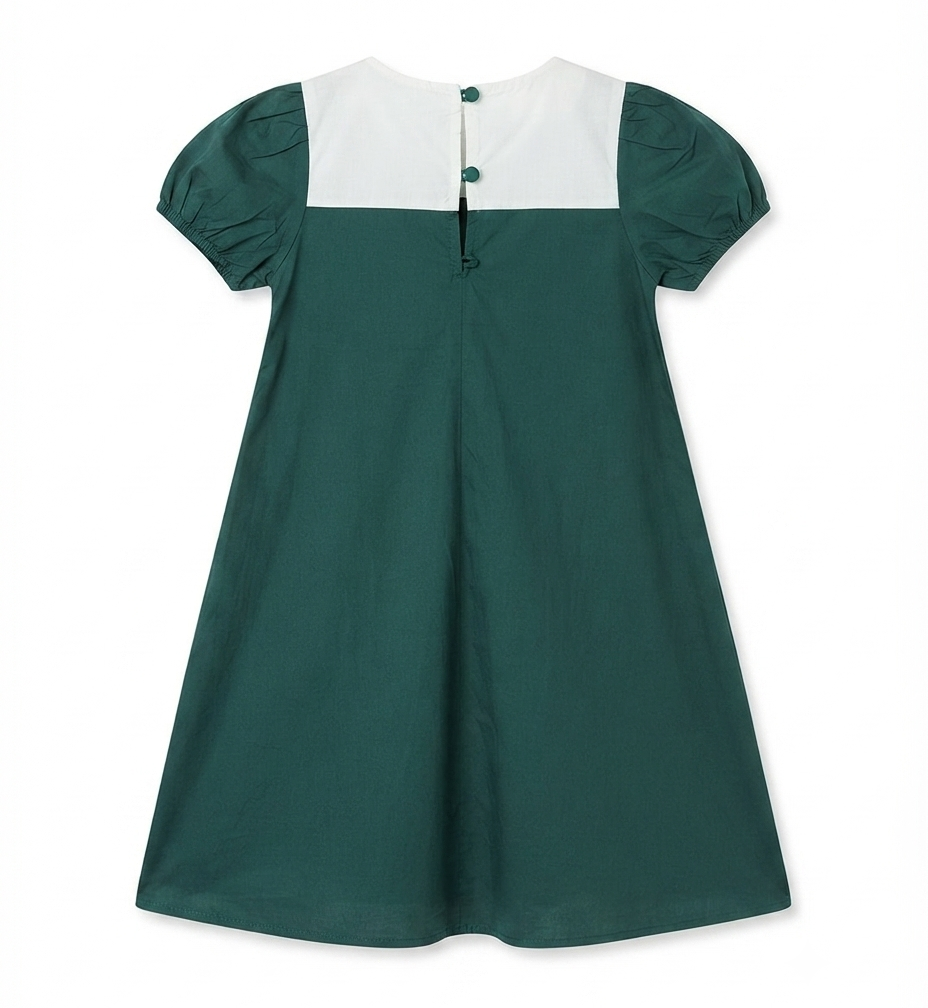 Girls Dark Green Puff Sleeve Cotton A-Line Dress