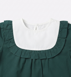 Girls Dark Green Puff Sleeve Cotton A-Line Dress