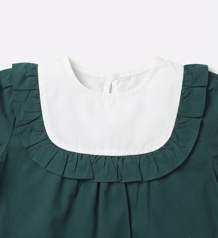 Girls Dark Green Puff Sleeve Cotton A-Line Dress