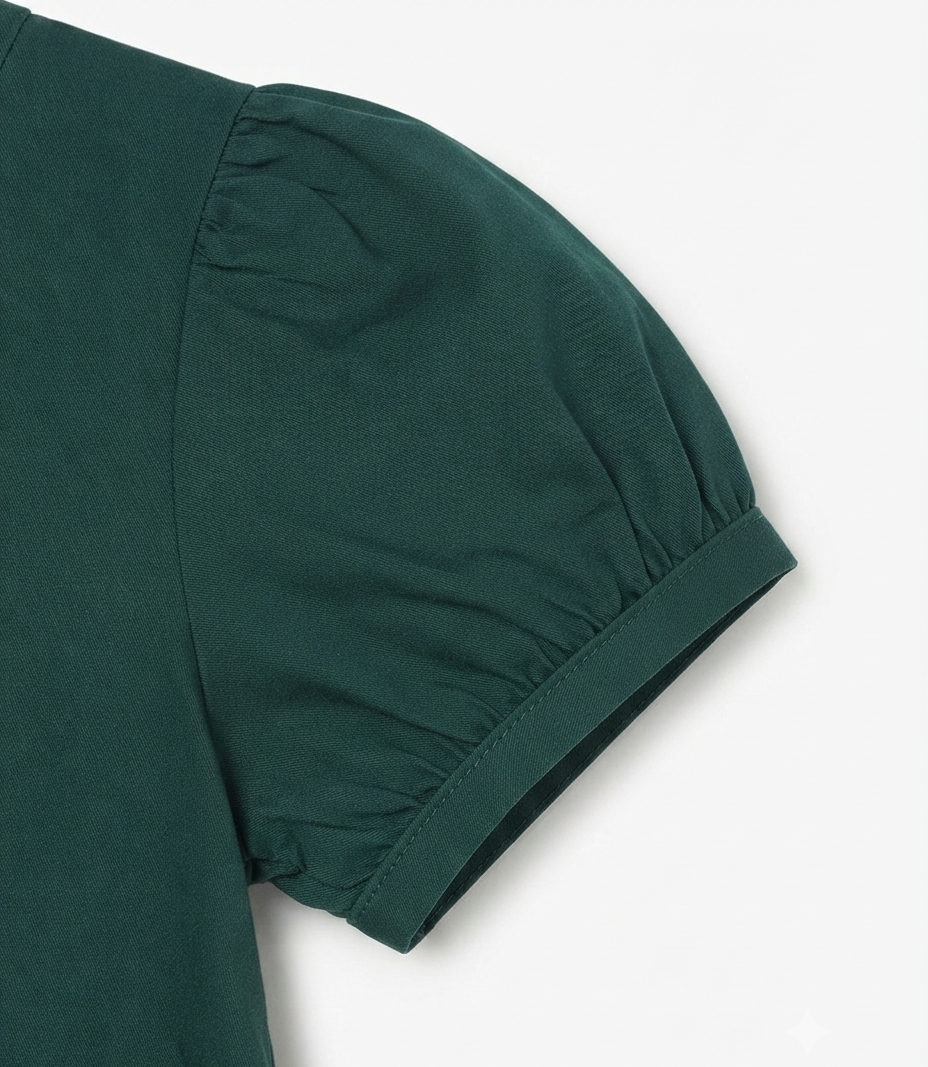 Girls Dark Green Puff Sleeve Cotton A-Line Dress