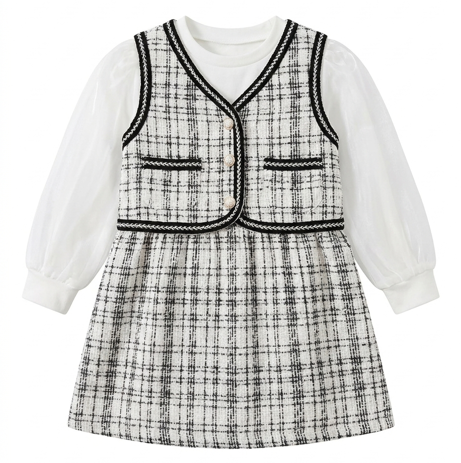Girls Black & White Tweed Dress