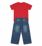 Boys Red Graphic T-Shirt with Denim Cargo Pants