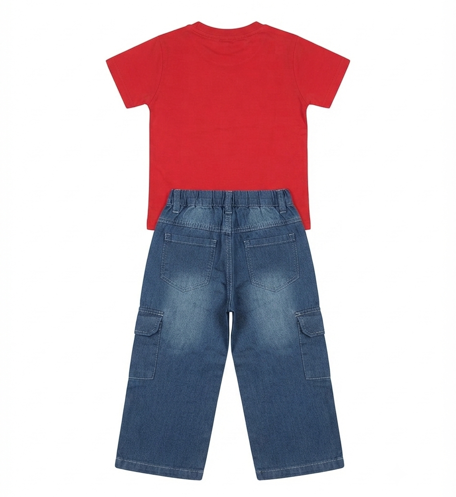 Boys Red Graphic T-Shirt with Denim Cargo Pants
