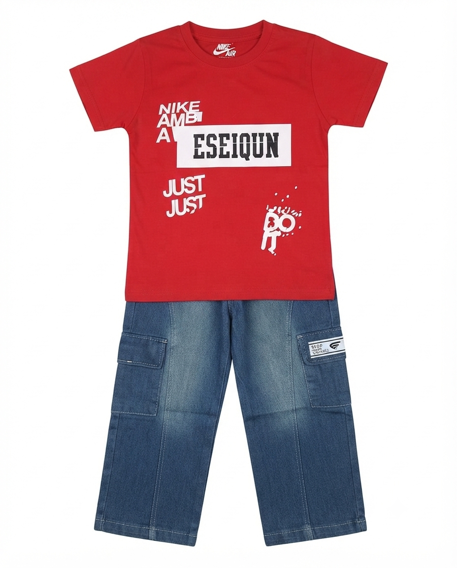 Boys Red Graphic T-Shirt with Denim Cargo Pants
