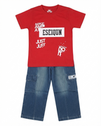 Boys Red Graphic T-Shirt with Denim Cargo Pants