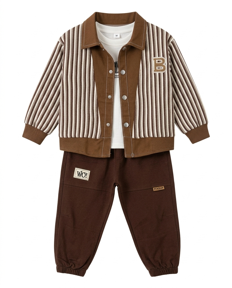 Boys Brown Striped Jacket, T-Shirt & Jogger Pants 3-Piece Set
