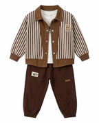 Boys Brown Striped Jacket, T-Shirt & Jogger Pants 3-Piece Set