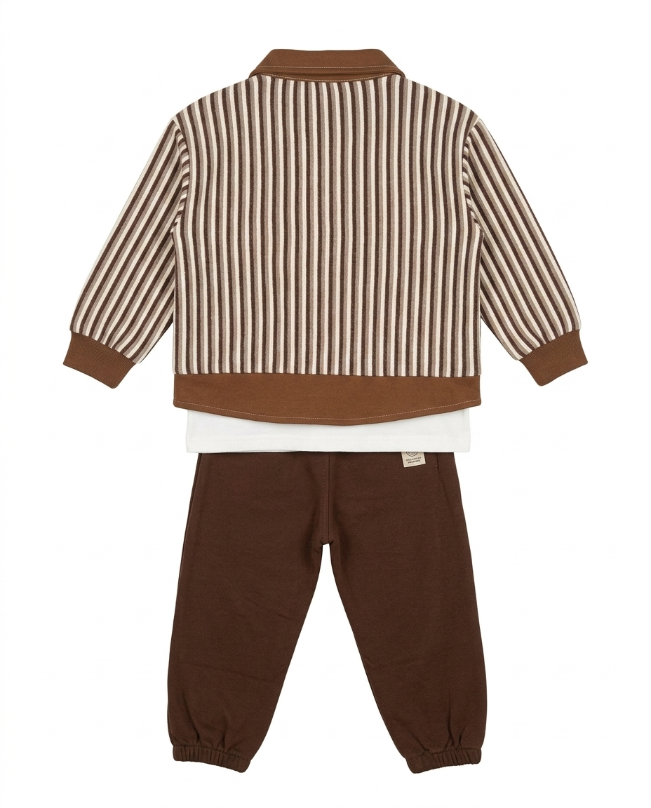 Boys Brown Striped Jacket, T-Shirt & Jogger Pants 3-Piece Set
