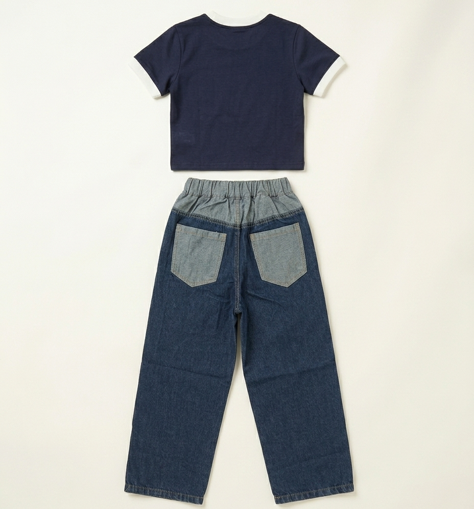 Girls Strawberry Print T-Shirt & Wide Leg Denim Jeans Set