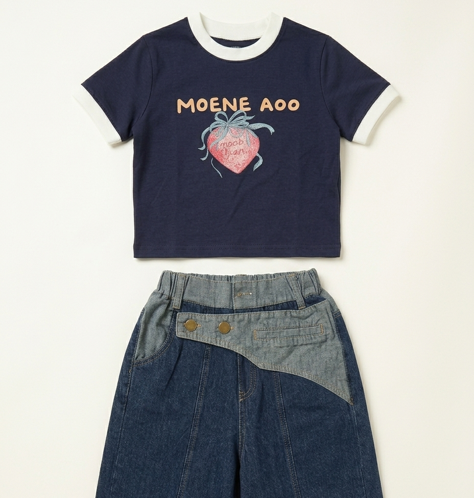 Girls Strawberry Print T-Shirt & Wide Leg Denim Jeans Set
