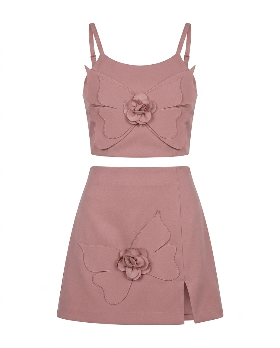 Girls Dusty Pink Butterfly Applique Crop Top & Skirt