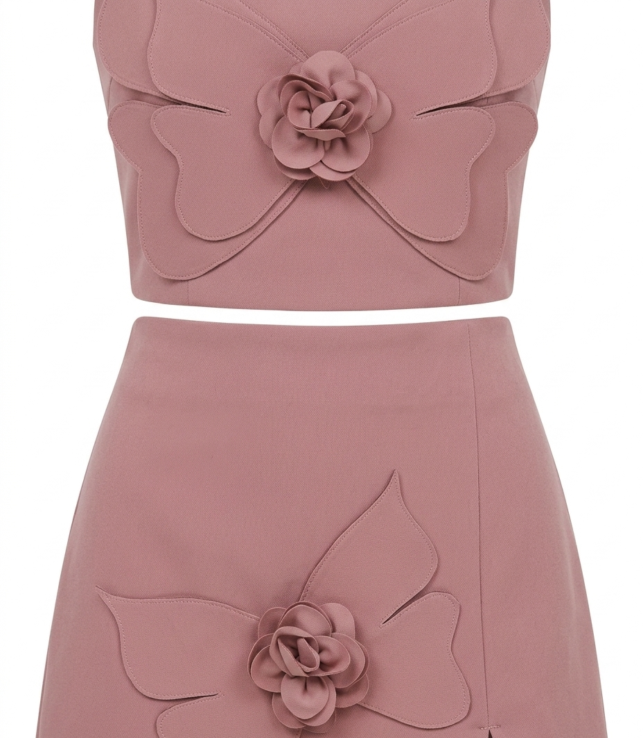 Girls Dusty Pink Butterfly Applique Crop Top & Skirt