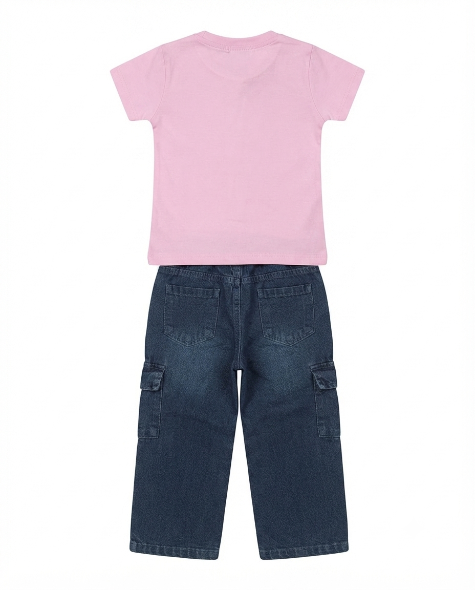 Girls Pink Hello Kitty Printed T-Shirt with Blue Cargo Jeans