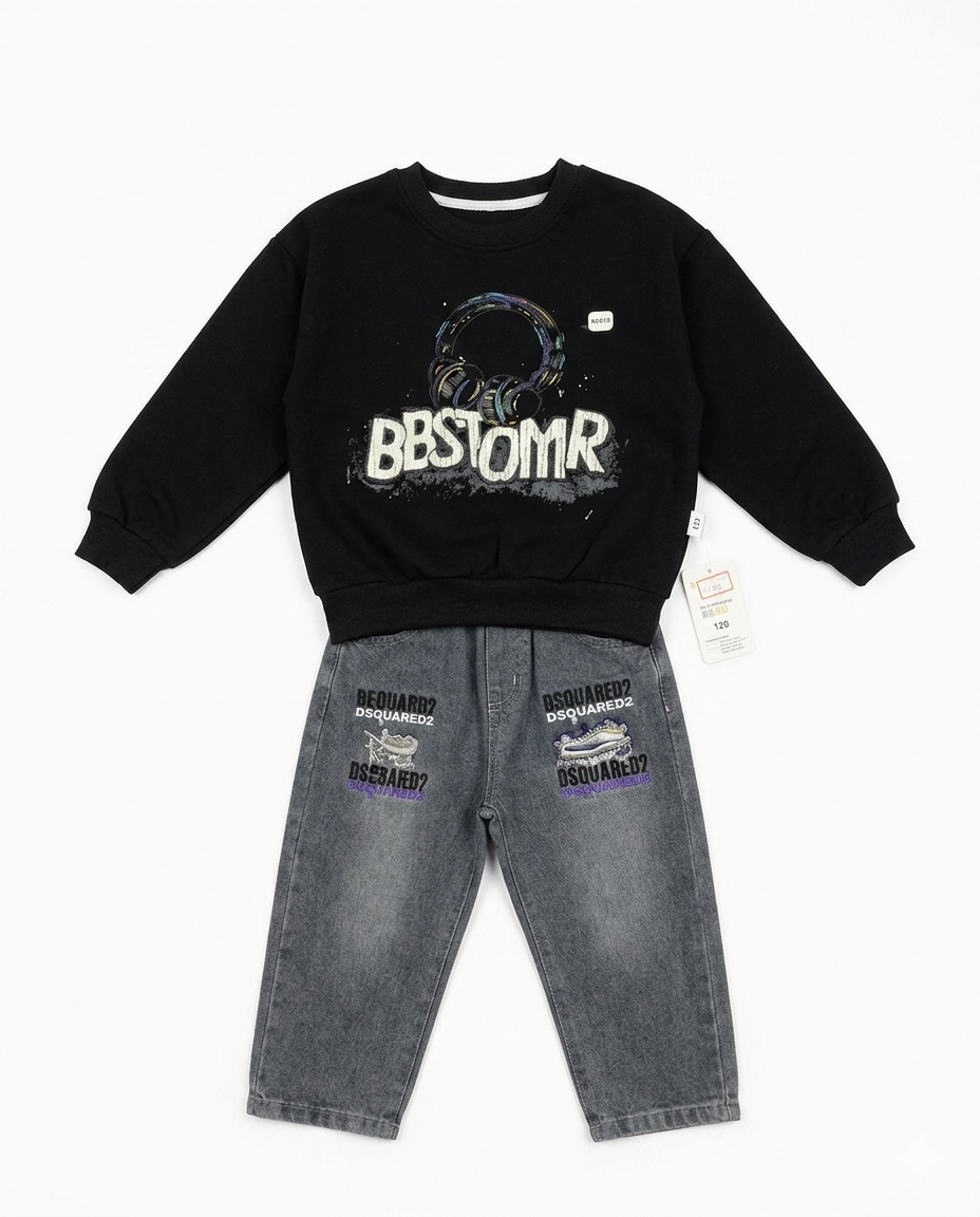 Boys Black Graphic Sweatshirt & Grey Denim Jeans Clothing Set