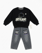 Boys Black Graphic Sweatshirt & Grey Denim Jeans Clothing Set